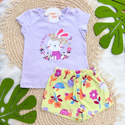 Conj. Blusa Coelhinha Be Kind e Short - Lilás e Verde